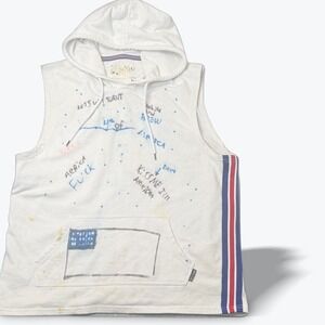 Brooklyn Sleeveless Hoodie Graffiti‎ USA Flag Streetwear Pullover White Large